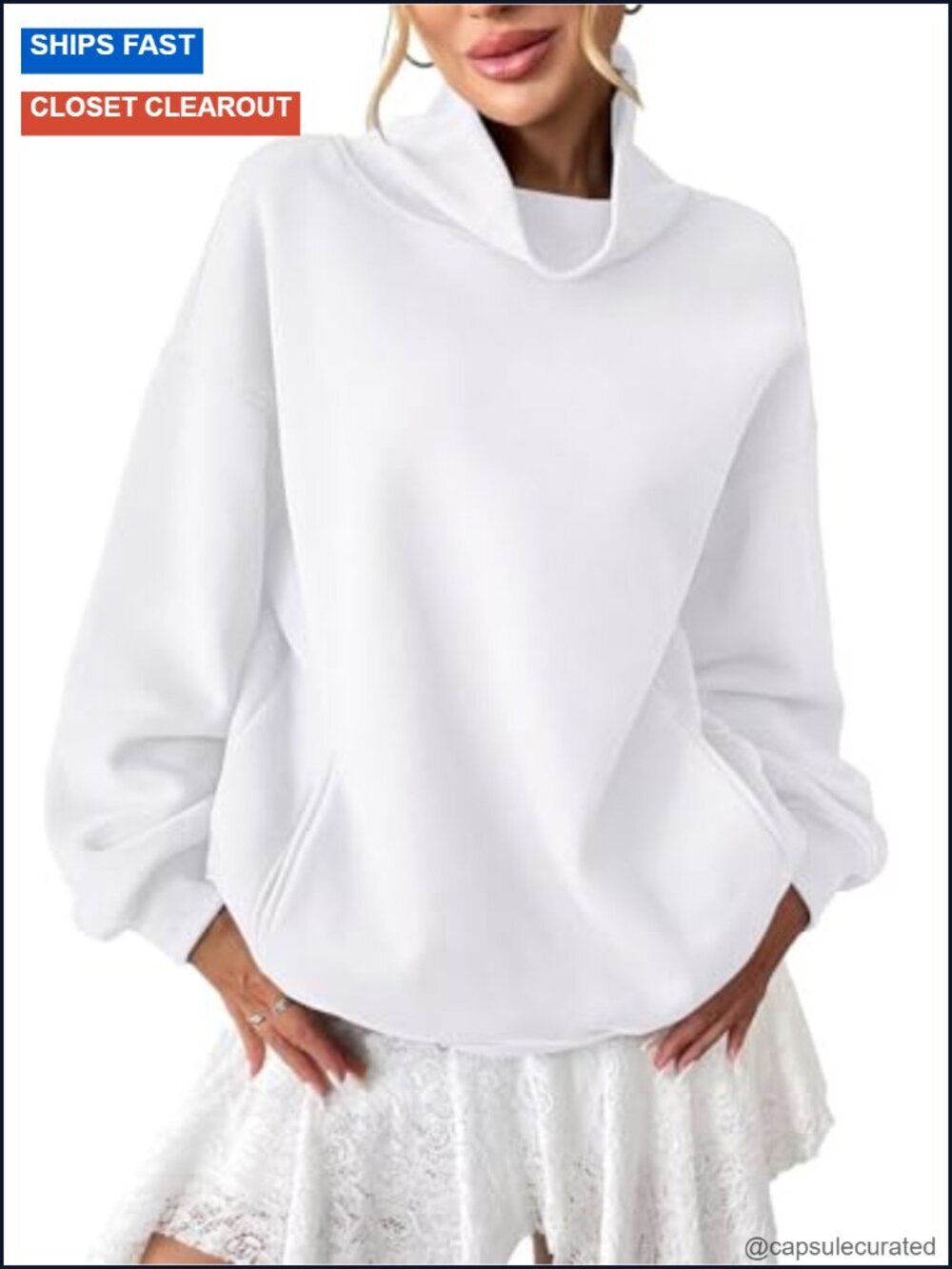 Fleece Oversized Turtleneck Pullover Sweatshirt with Pockets
